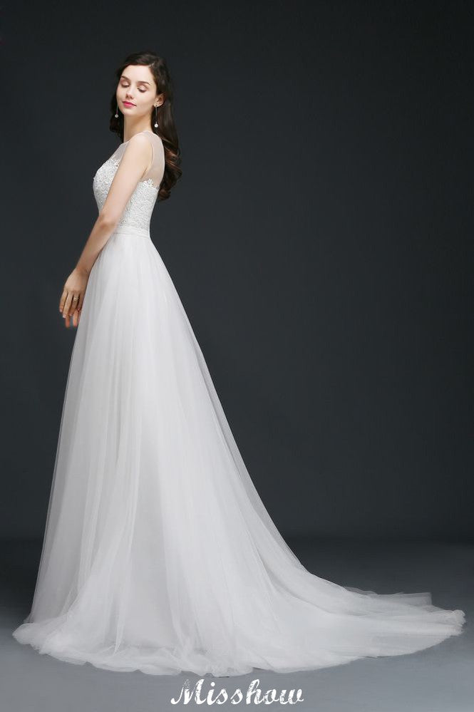 Modest A-line Illusion Lace Wedding Dress