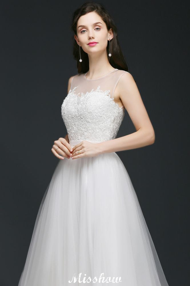 Modest A-line Illusion Lace Wedding Dress
