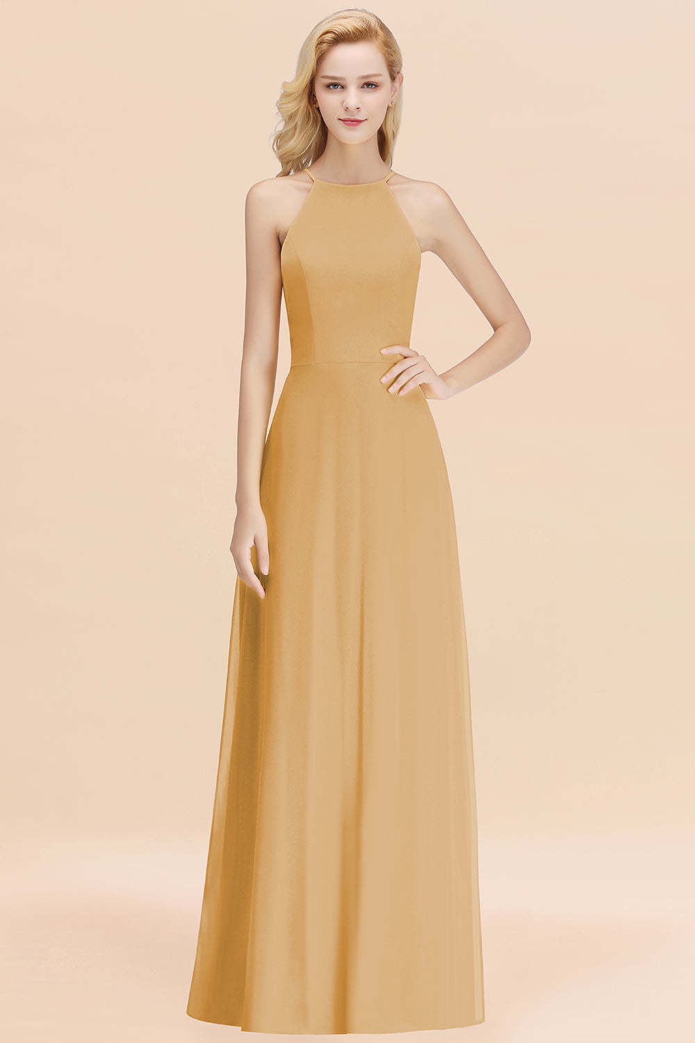Modest High-Neck Yellow Chiffon Affordable Bridesmaid Dresses Online