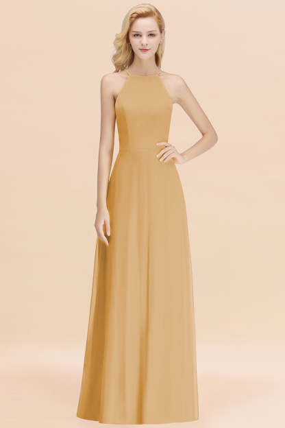 Modest High-Neck Yellow Chiffon Affordable Bridesmaid Dresses Online