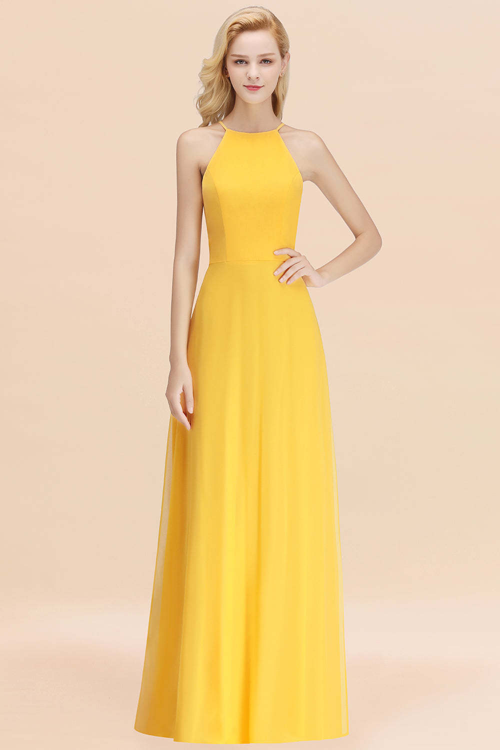 Modest High-Neck Yellow Chiffon Affordable Bridesmaid Dresses Online