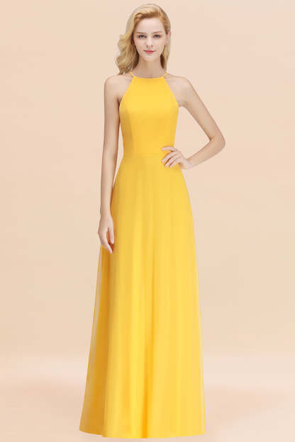 Modest High-Neck Yellow Chiffon Affordable Bridesmaid Dresses Online