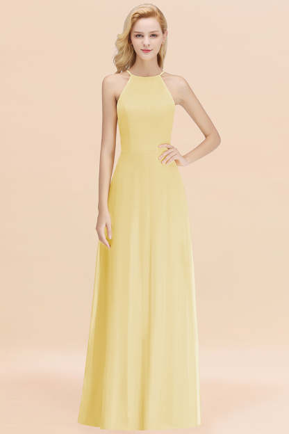 Modest High-Neck Yellow Chiffon Affordable Bridesmaid Dresses Online