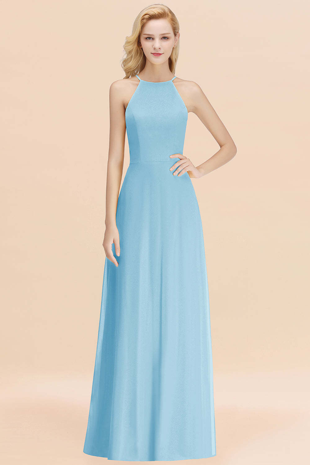 Modest High-Neck Yellow Chiffon Affordable Bridesmaid Dresses Online