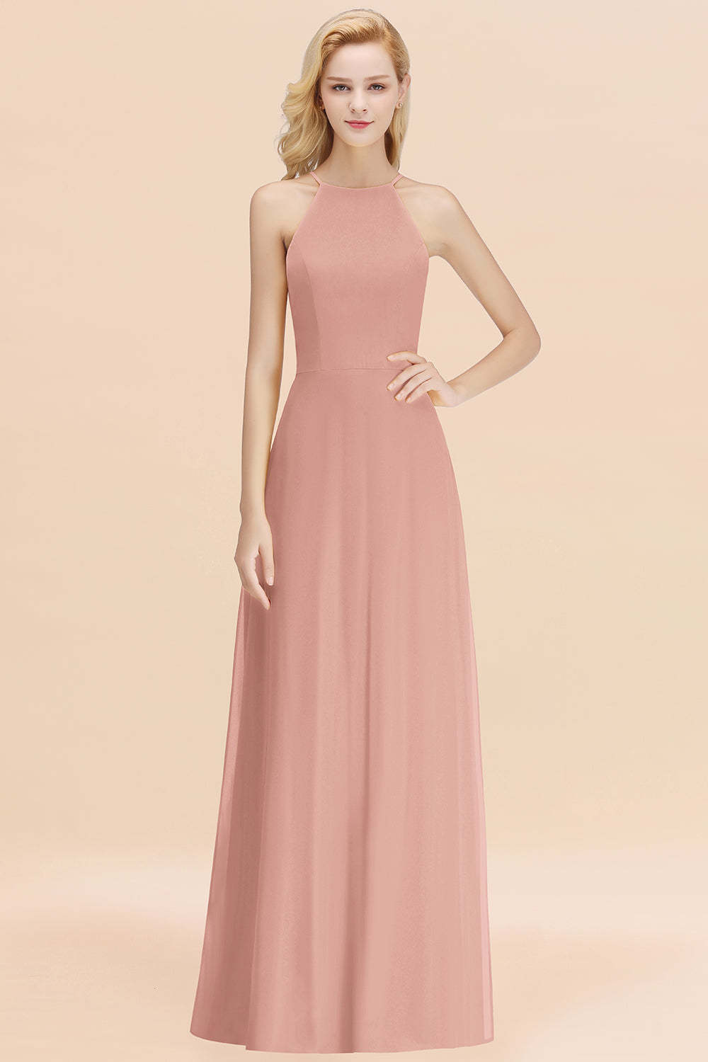 Modest High-Neck Yellow Chiffon Affordable Bridesmaid Dresses Online
