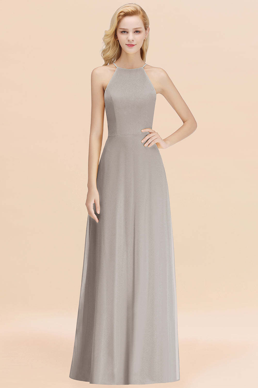 Modest High-Neck Yellow Chiffon Affordable Bridesmaid Dresses Online