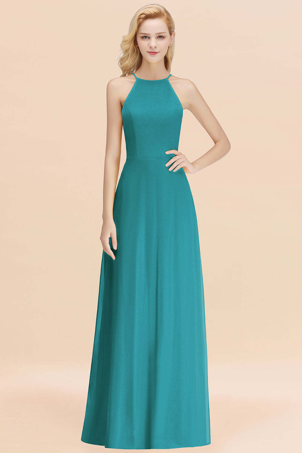 Modest High-Neck Yellow Chiffon Affordable Bridesmaid Dresses Online