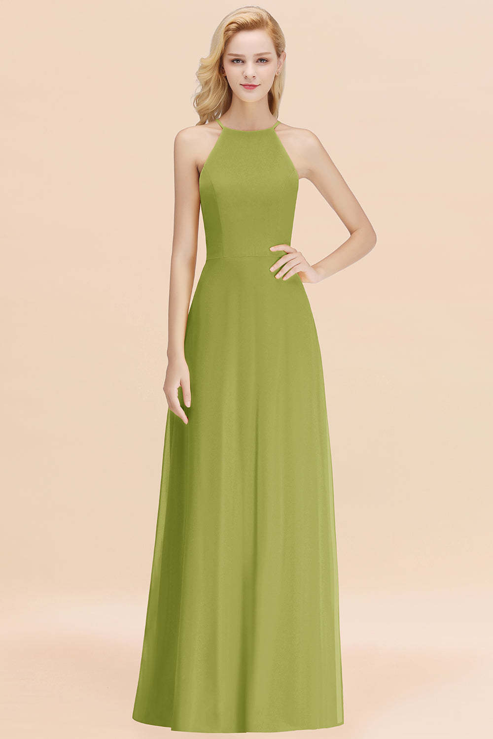 Modest High-Neck Yellow Chiffon Affordable Bridesmaid Dresses Online
