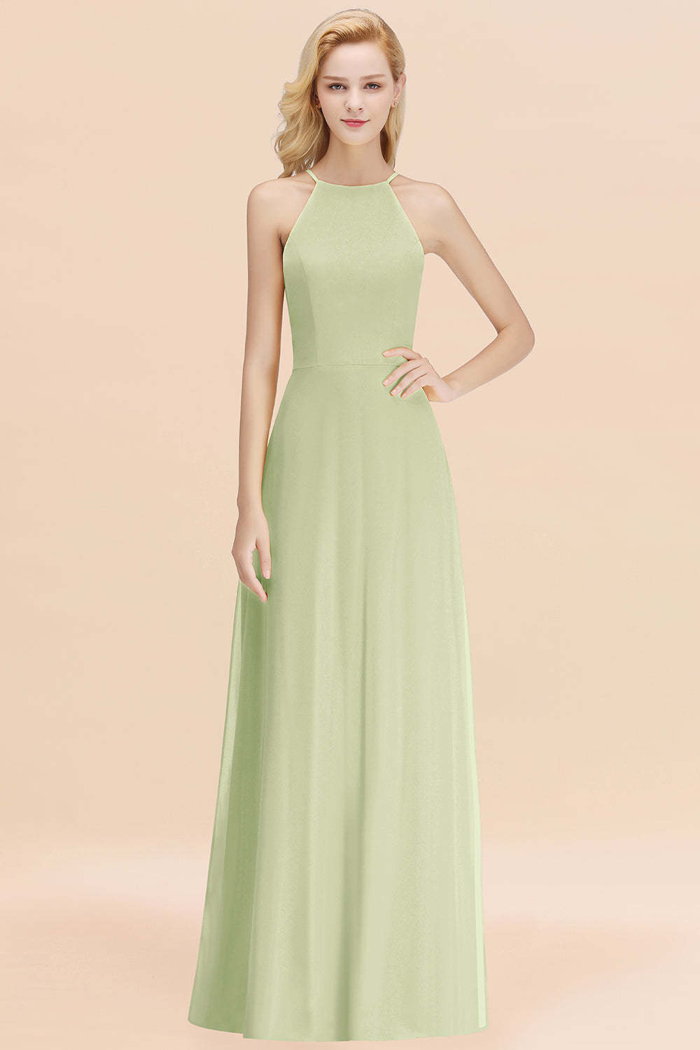 Modest High-Neck Yellow Chiffon Affordable Bridesmaid Dresses Online