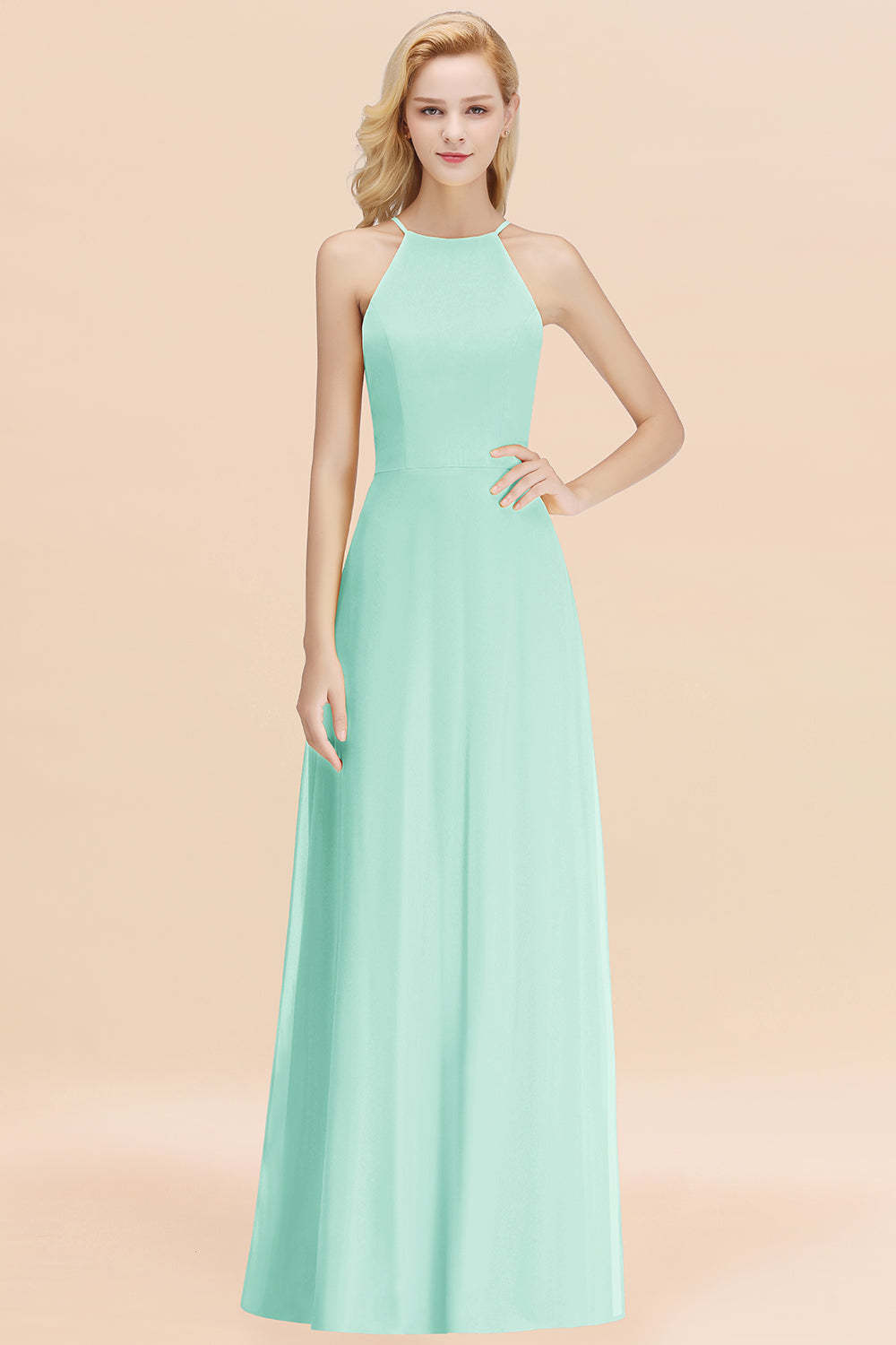 Modest High-Neck Yellow Chiffon Affordable Bridesmaid Dresses Online