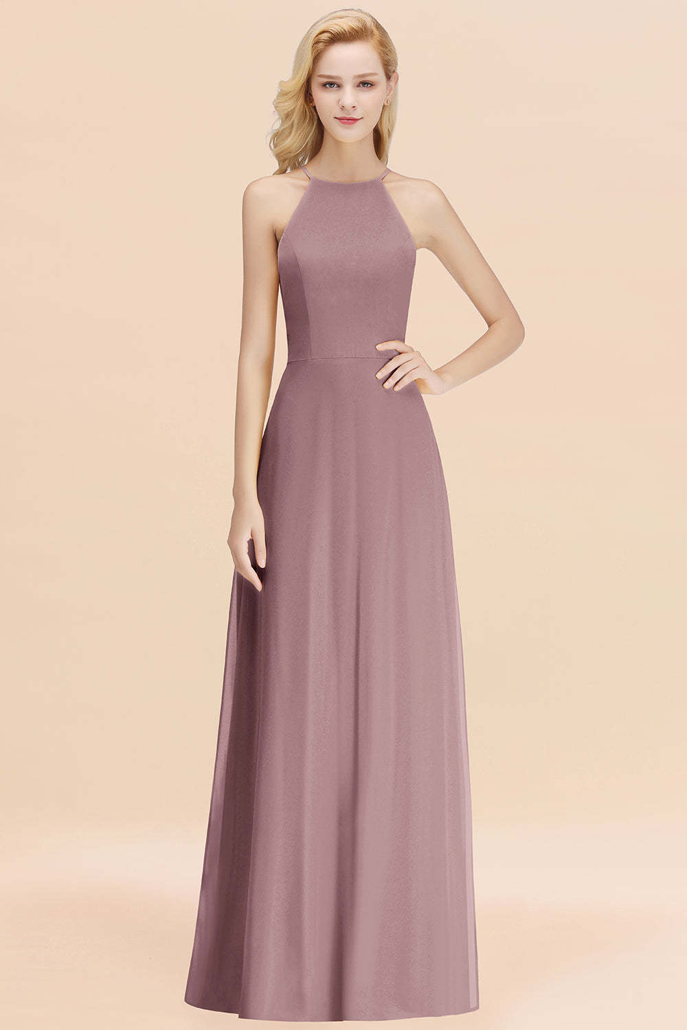 Modest High-Neck Yellow Chiffon Affordable Bridesmaid Dresses Online