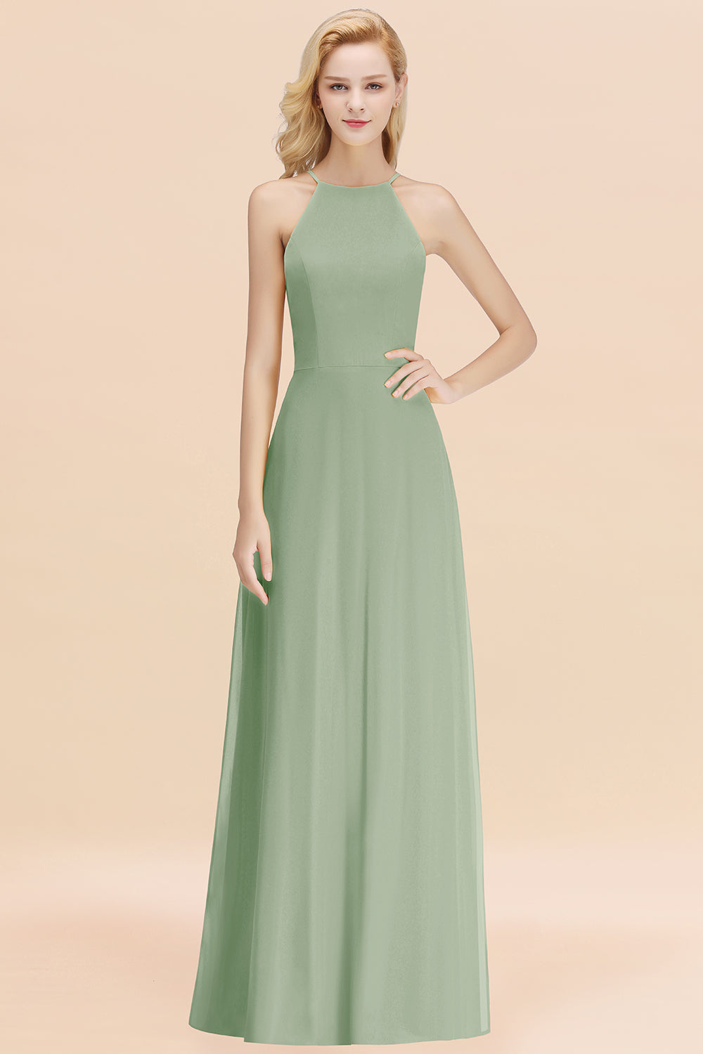 Modest High-Neck Yellow Chiffon Affordable Bridesmaid Dresses Online