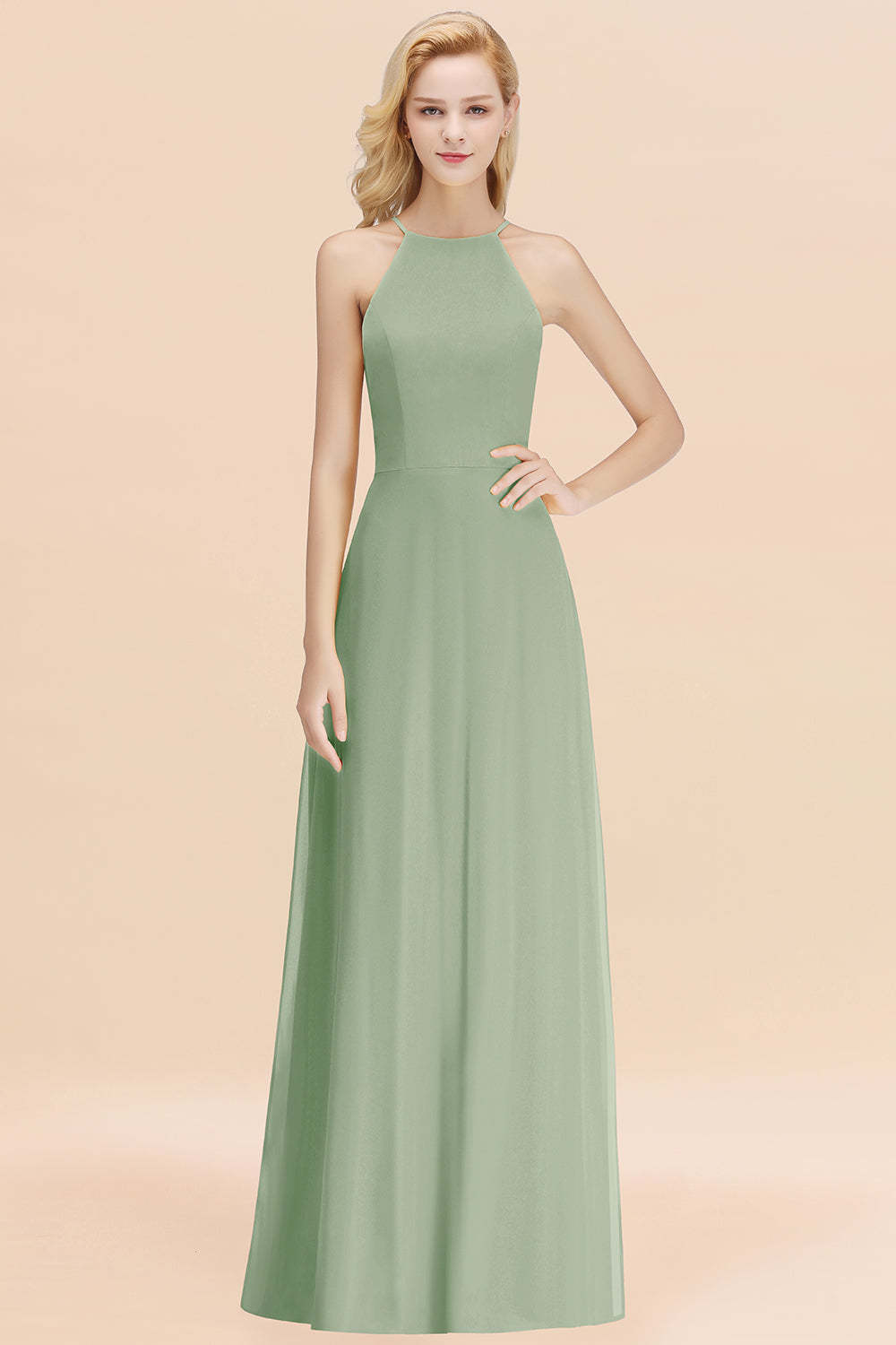 Modest High-Neck Yellow Chiffon Affordable Bridesmaid Dresses Online