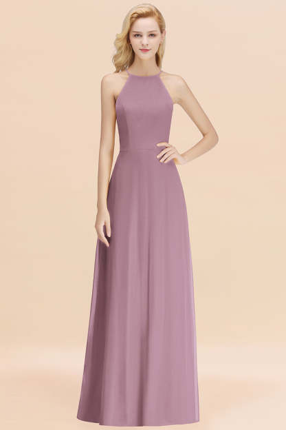 Modest High-Neck Yellow Chiffon Affordable Bridesmaid Dresses Online