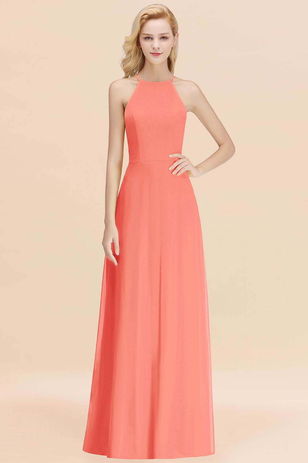 Modest High-Neck Yellow Chiffon Affordable Bridesmaid Dresses Online