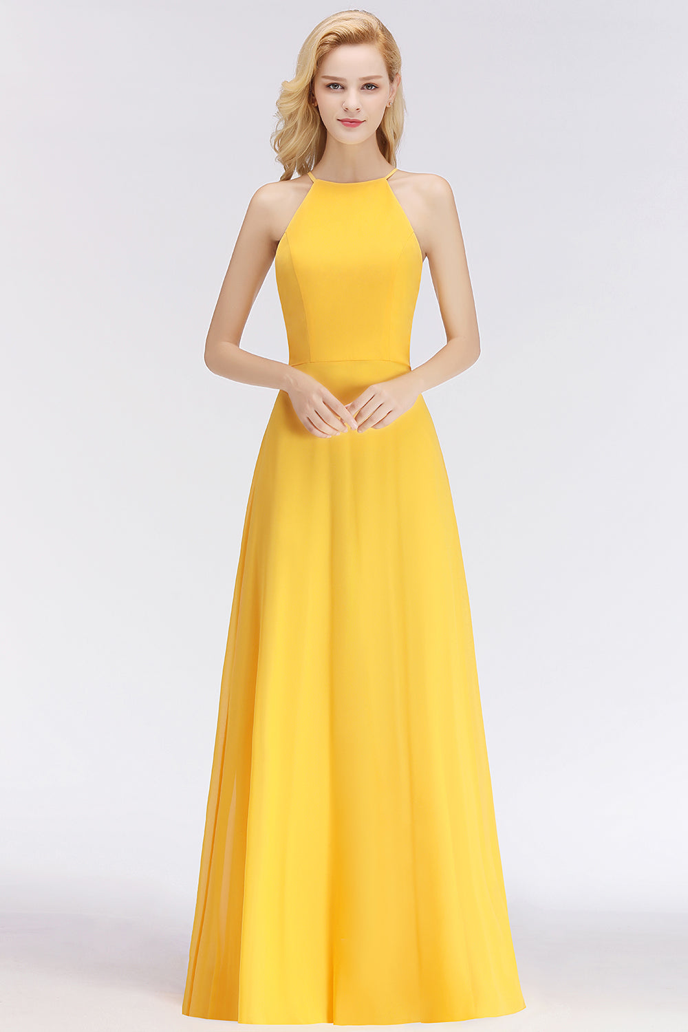 Modest High-Neck Yellow Chiffon Affordable Bridesmaid Dresses Online