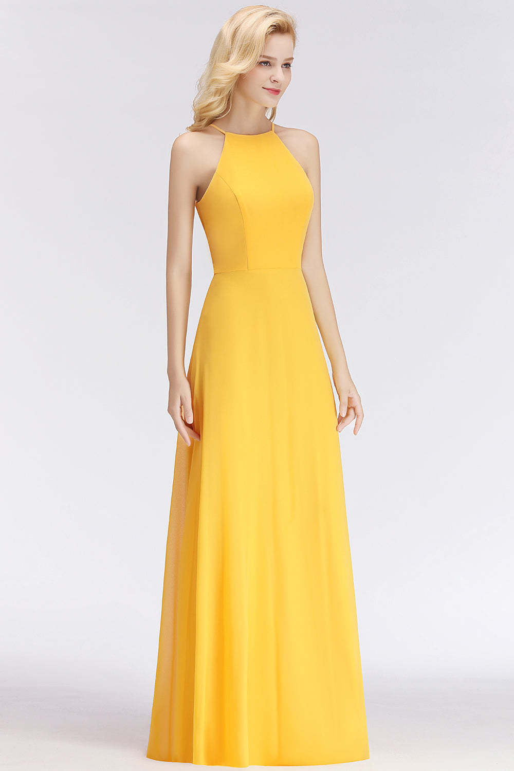 Modest High-Neck Yellow Chiffon Affordable Bridesmaid Dresses Online