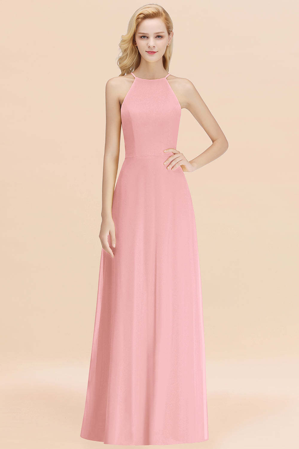 Modest High-Neck Yellow Chiffon Affordable Bridesmaid Dresses Online