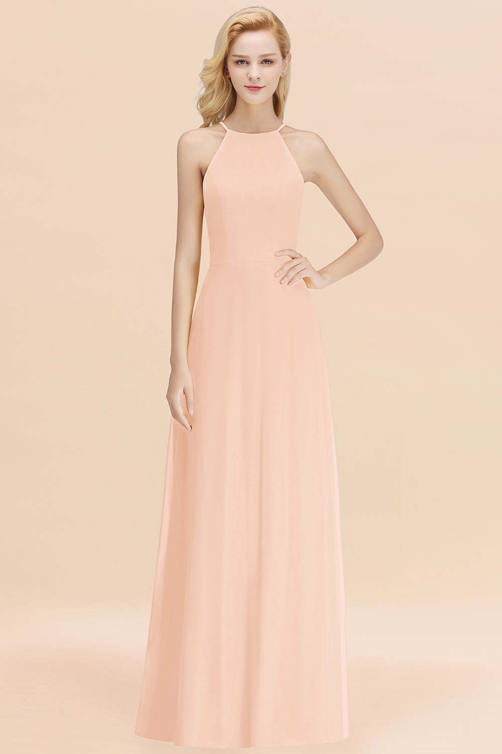 Modest High-Neck Yellow Chiffon Affordable Bridesmaid Dresses Online