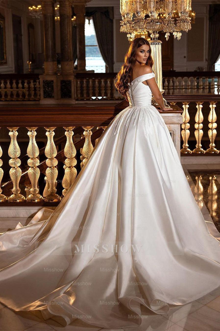 Modest Off-the-Shoulder Satin Wedding Dress with Detachable Sweep Train