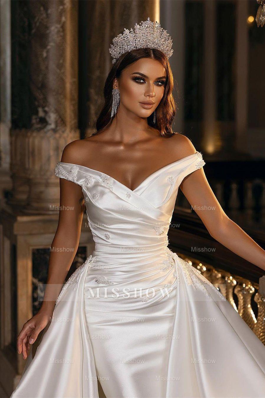 Modest Off-the-Shoulder Satin Wedding Dress with Detachable Sweep Train