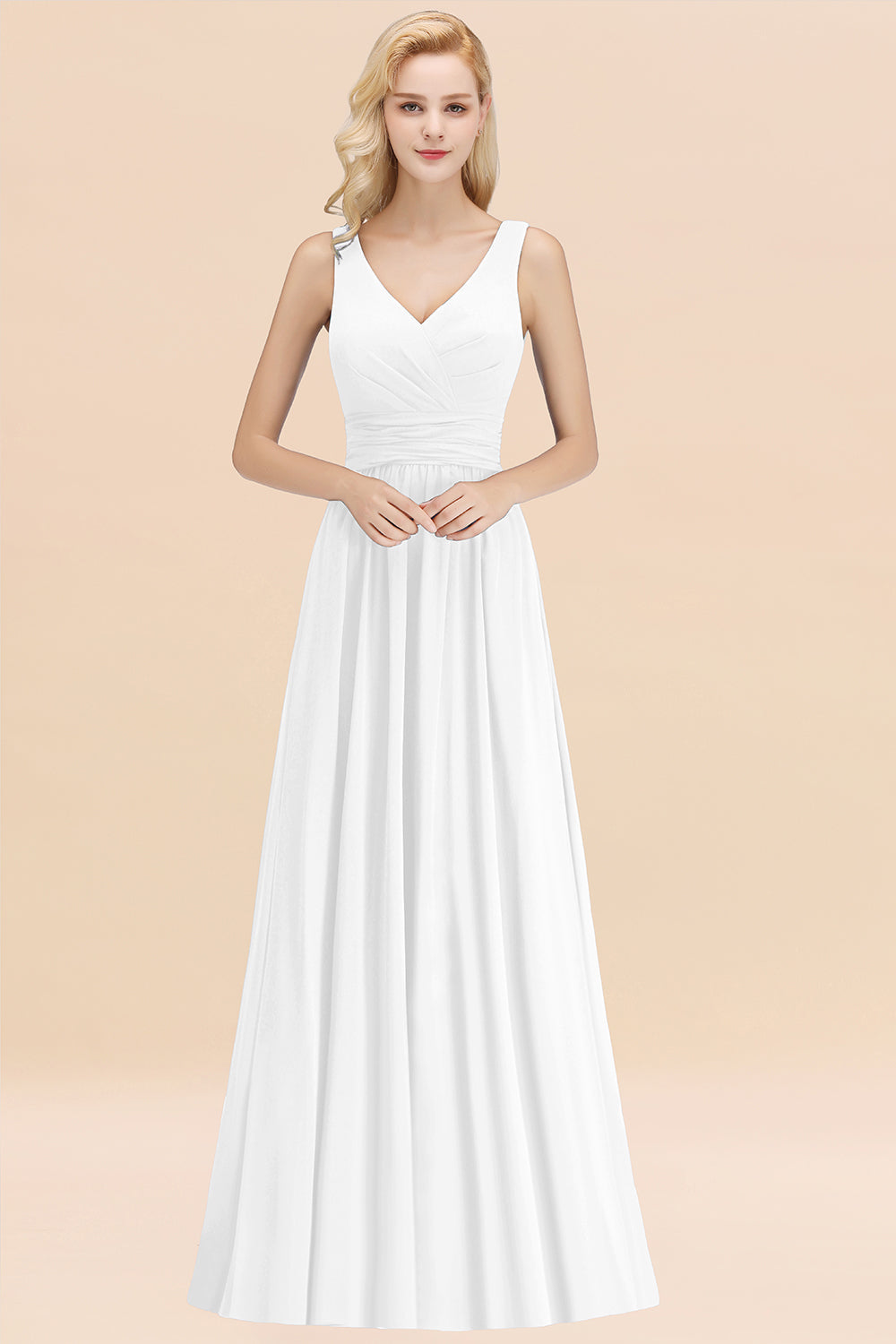Modest Sleeveless V-Neck Long Chiffon Bridesmaid Dress Online with Ruffle