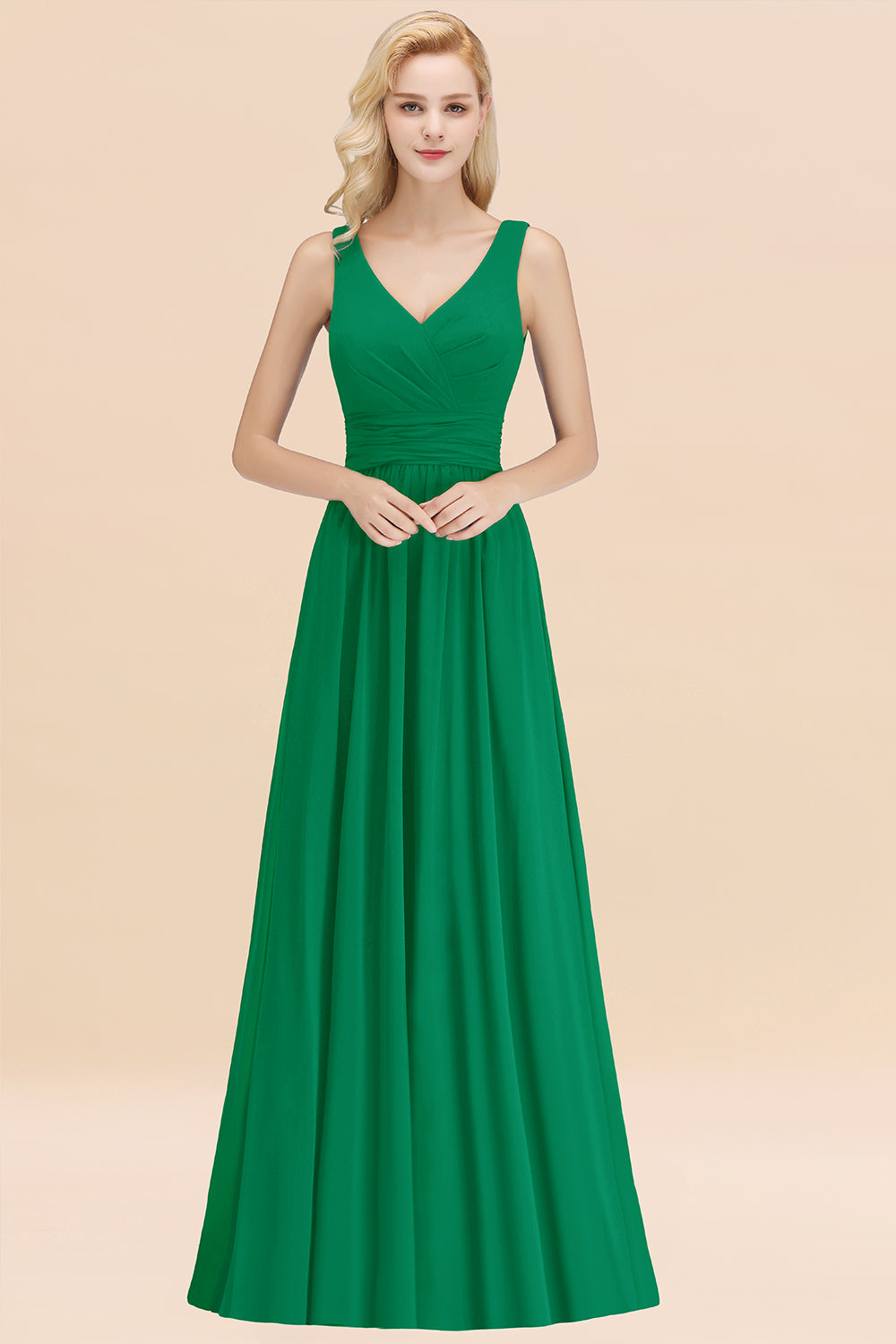 Modest Sleeveless V-Neck Long Chiffon Bridesmaid Dress Online with Ruffle