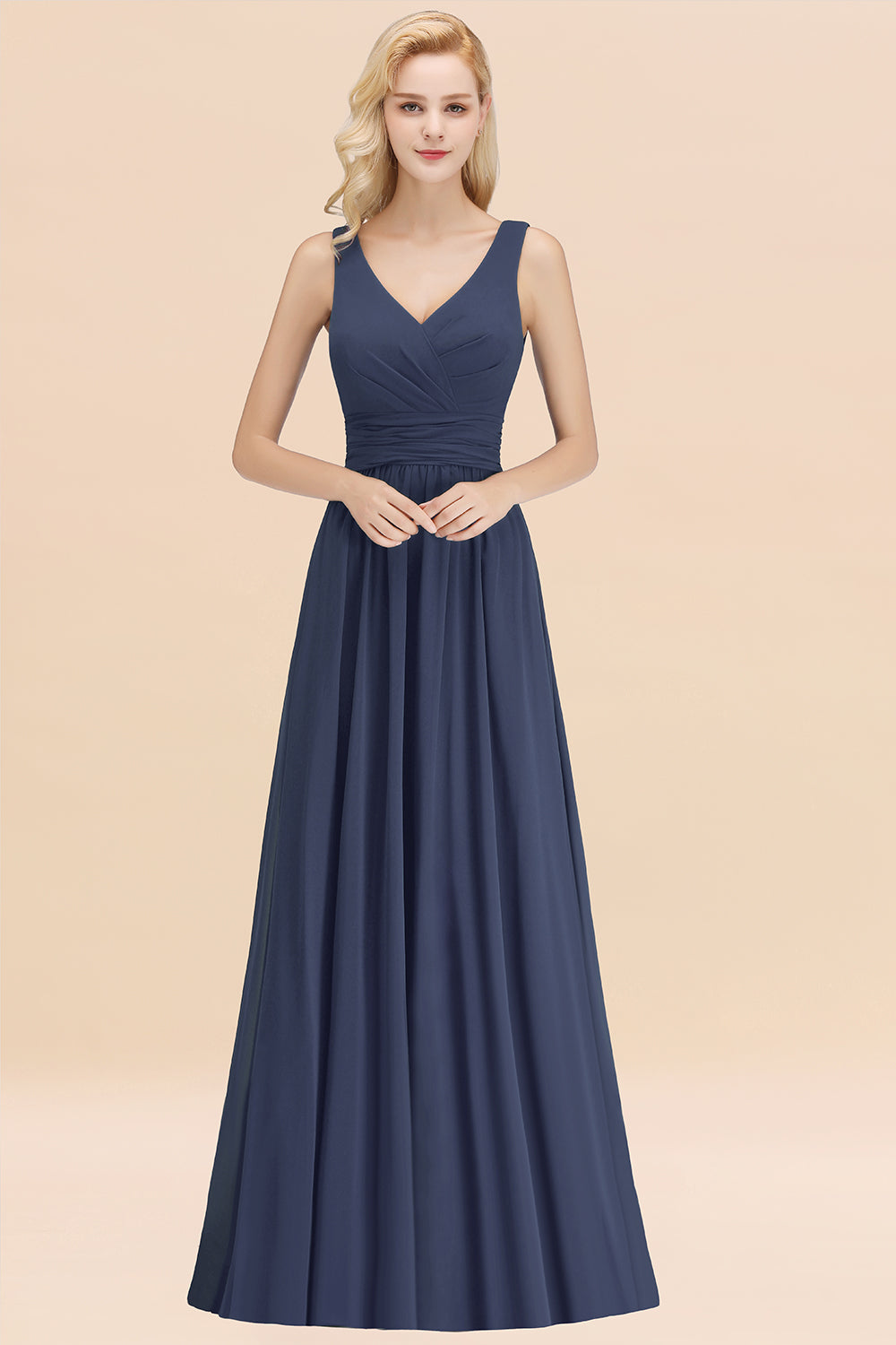 Modest Sleeveless V-Neck Long Chiffon Bridesmaid Dress Online with Ruffle