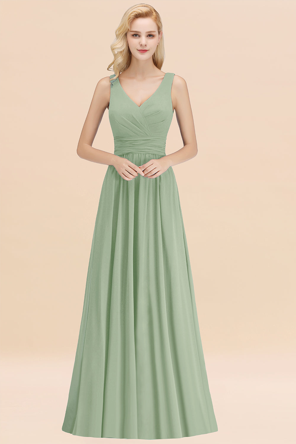 Modest Sleeveless V-Neck Long Chiffon Bridesmaid Dress Online with Ruffle