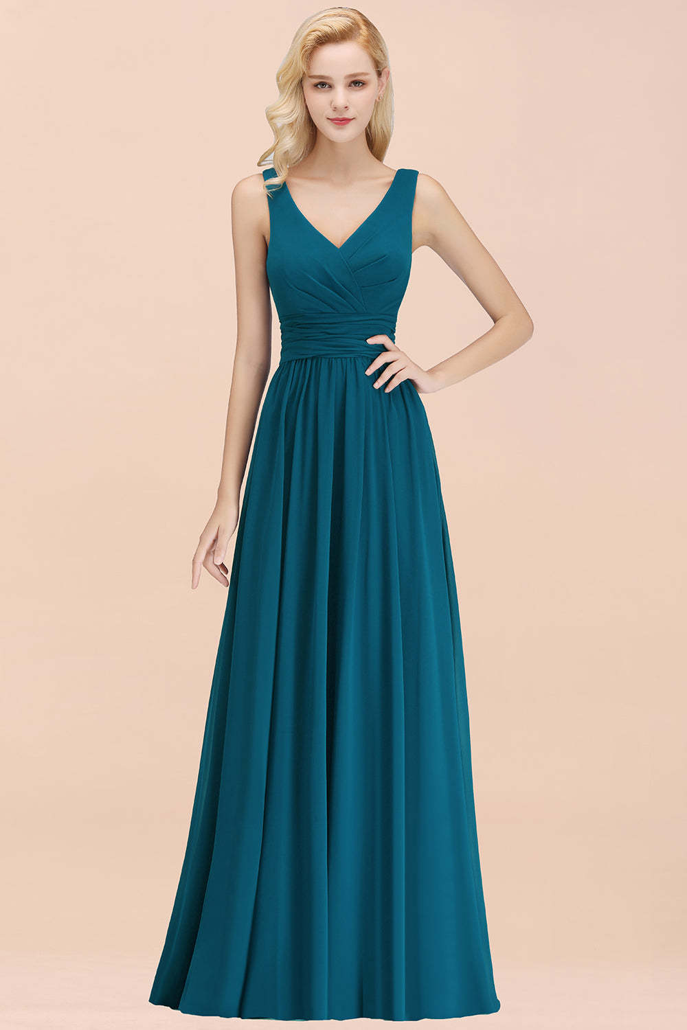 Modest Sleeveless V-Neck Long Chiffon Bridesmaid Dress Online with Ruffle