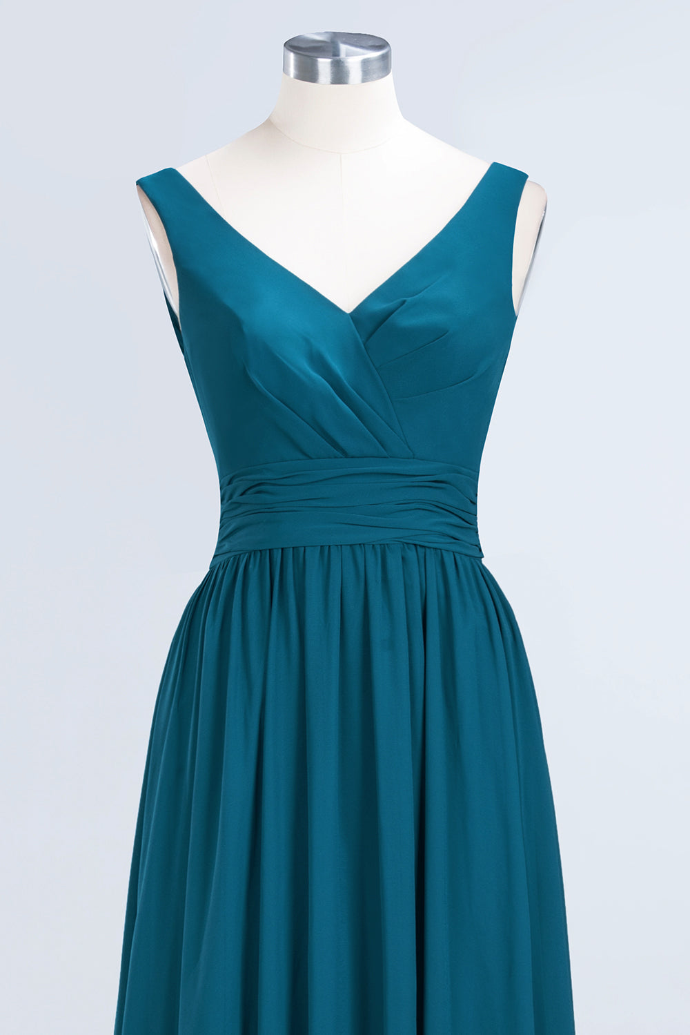 Modest Sleeveless V-Neck Long Chiffon Bridesmaid Dress Online with Ruffle