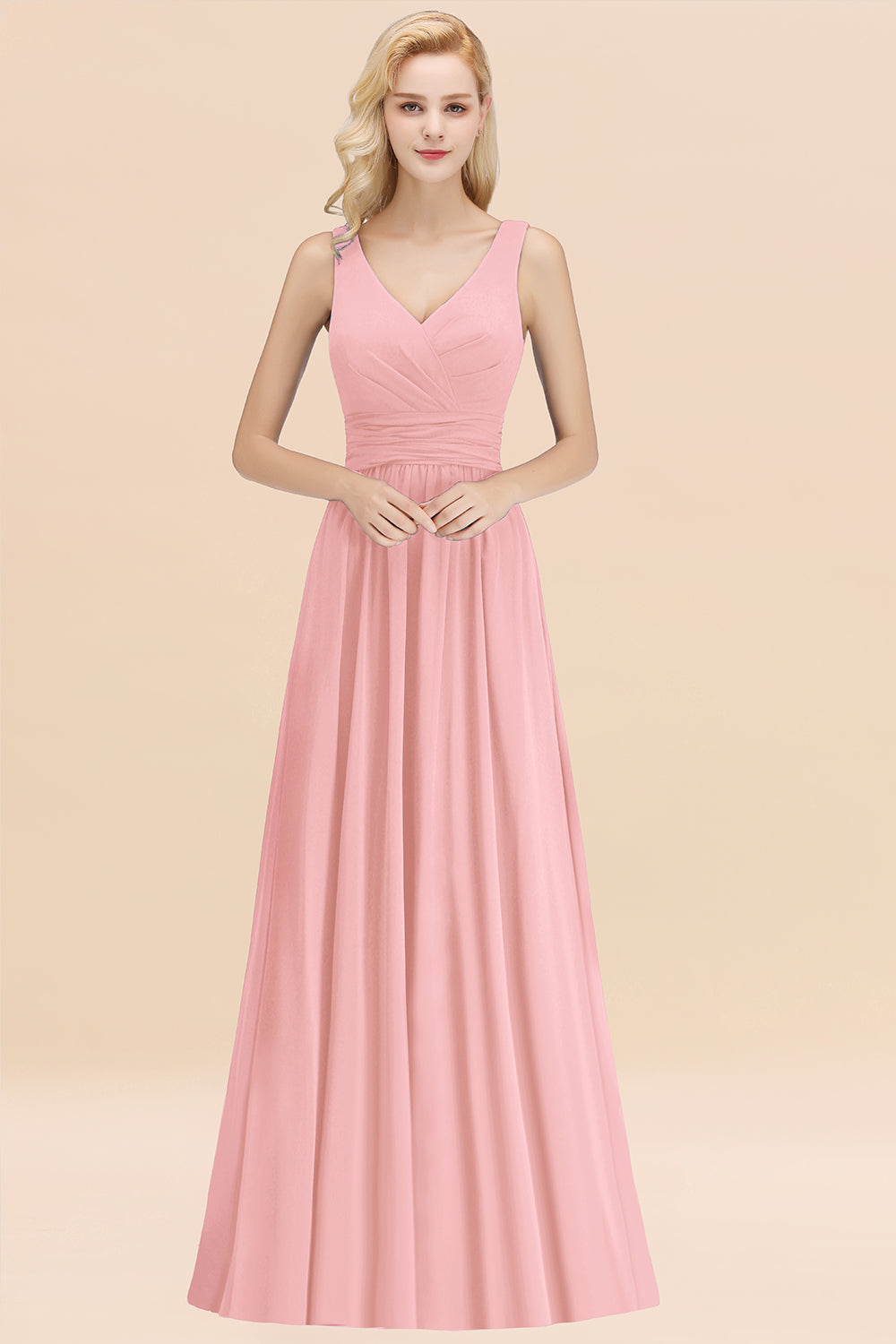 Modest Sleeveless V-Neck Long Chiffon Bridesmaid Dress Online with Ruffle