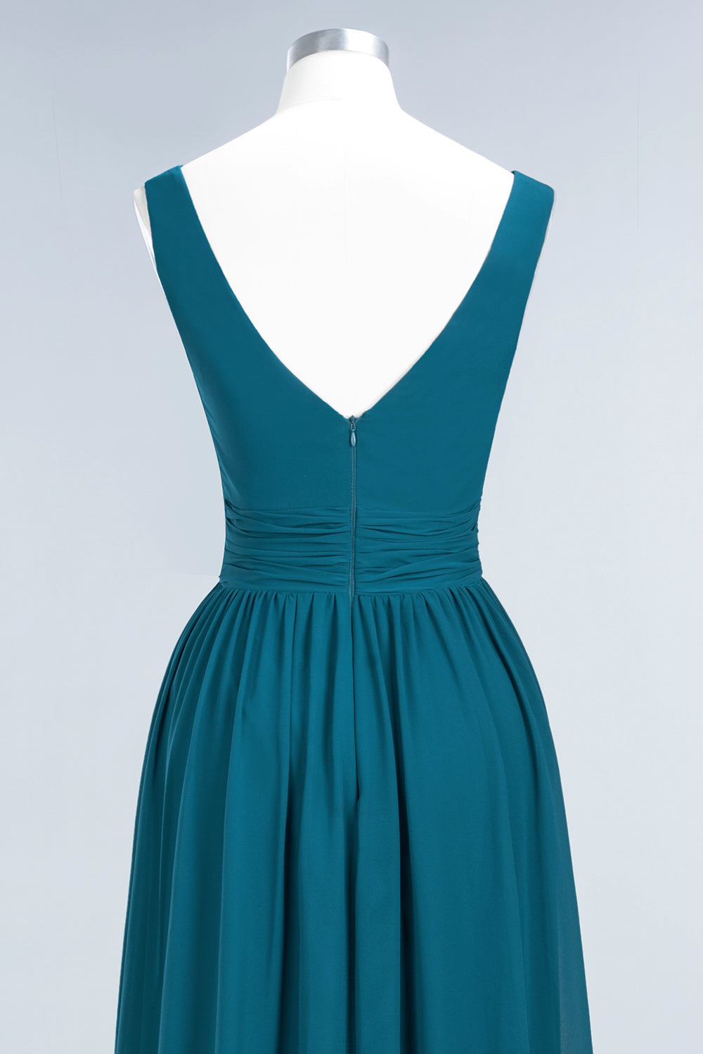 Modest Sleeveless V-Neck Long Chiffon Bridesmaid Dress Online with Ruffle