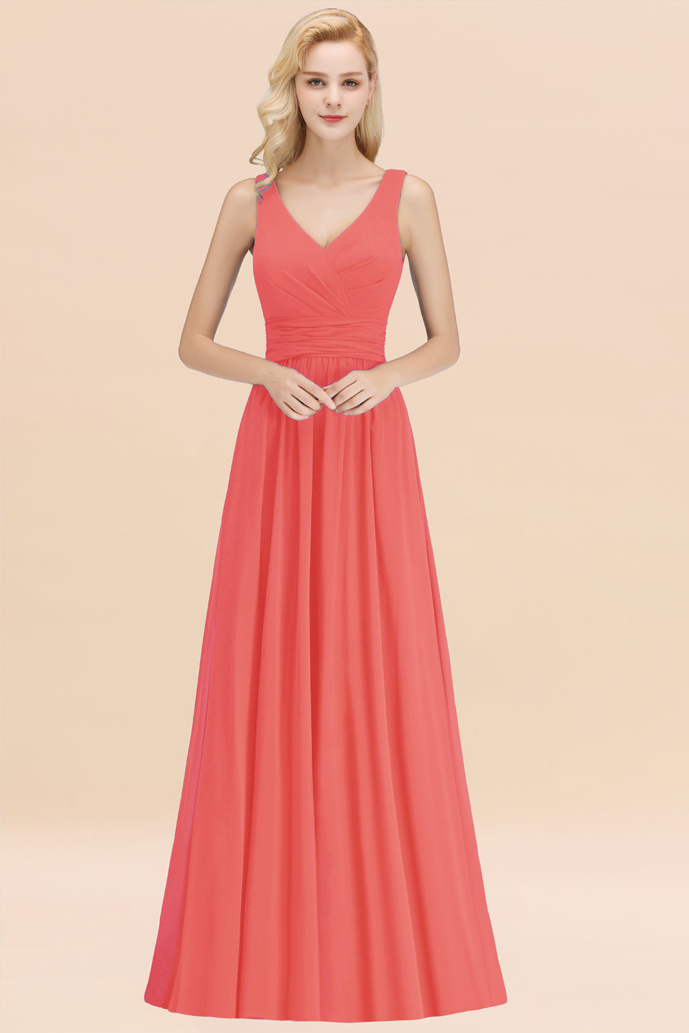 Modest Sleeveless V-Neck Long Chiffon Bridesmaid Dress Online with Ruffle