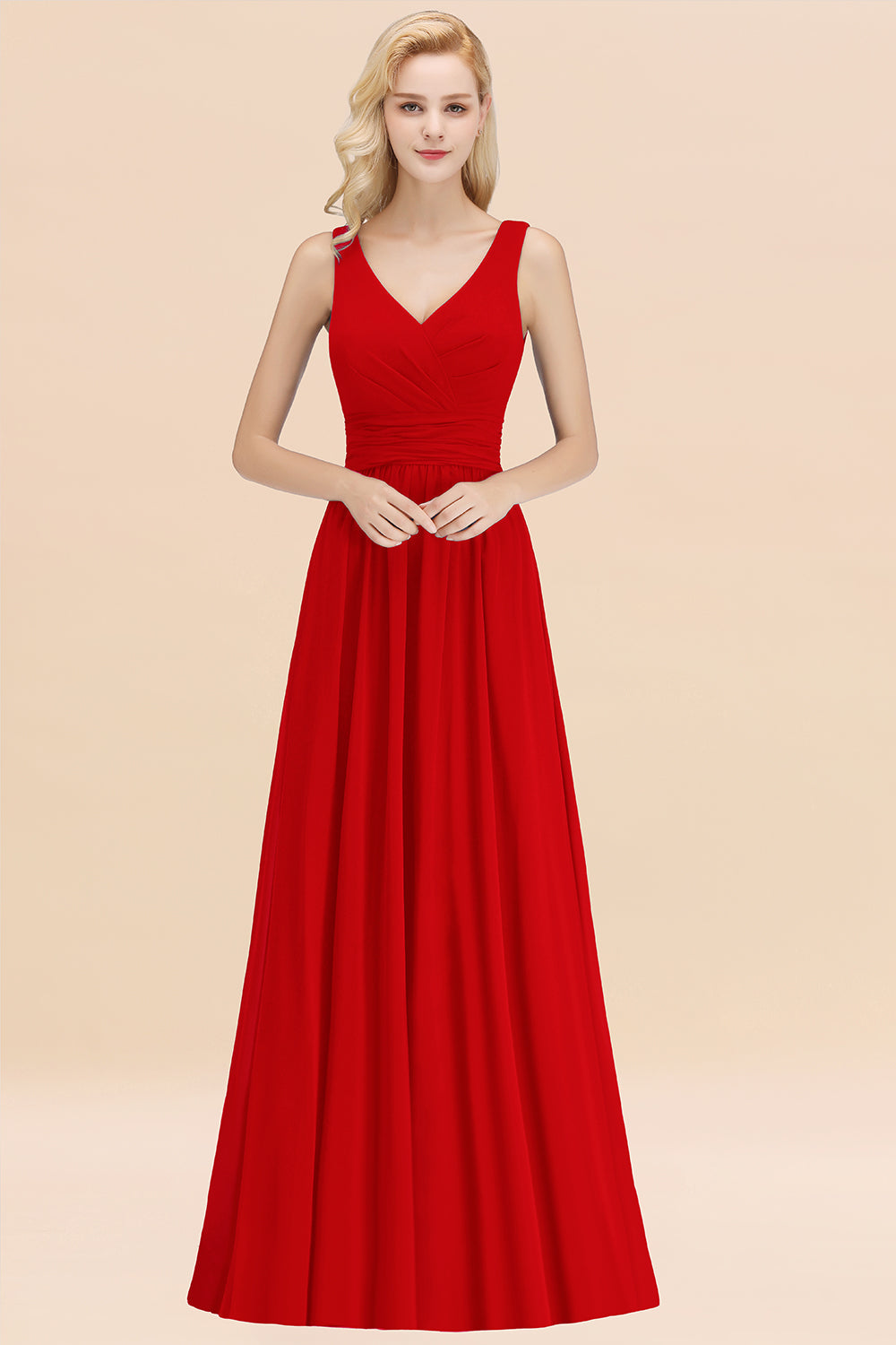 Modest Sleeveless V-Neck Long Chiffon Bridesmaid Dress Online with Ruffle