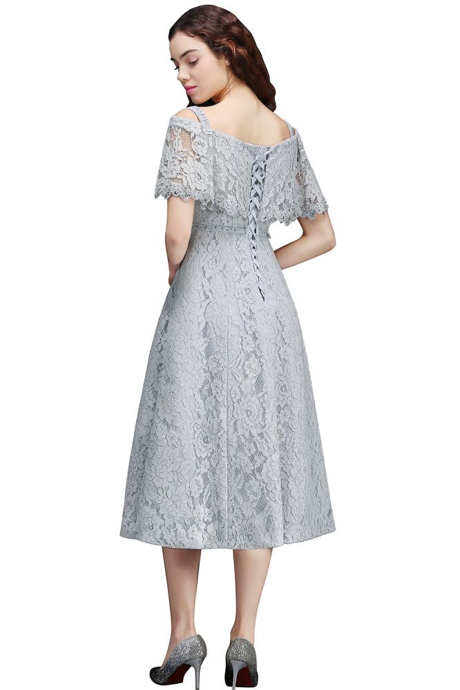 Off Shoulder Tea-Length A Line Lace Cocktail Dresses