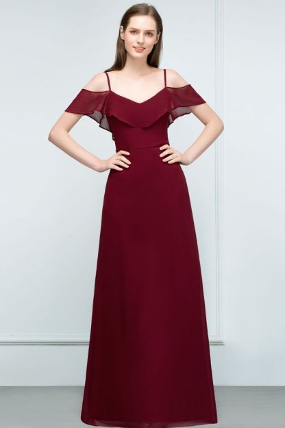 Off-shoulder V-neck A-line Spaghetti Long Chiffon Prom Dresses