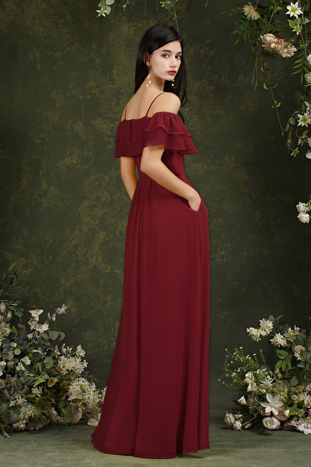 Off-the-Shoulder Bridesmaid Dress Ruffles With Slit