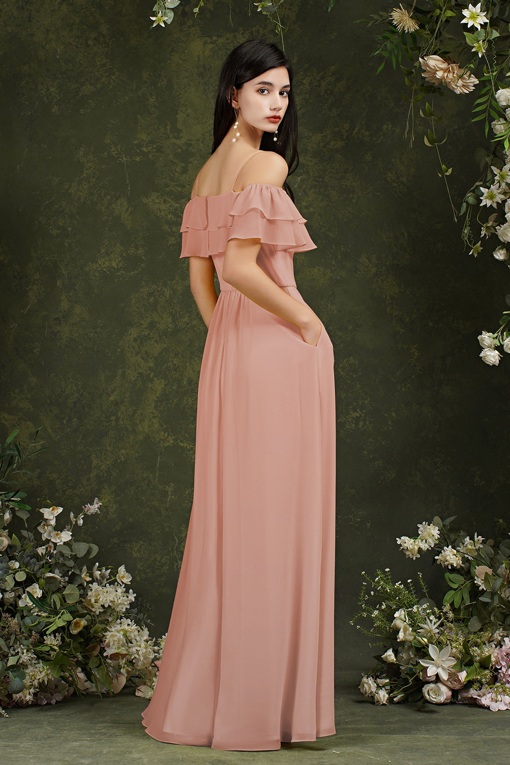 Off-the-Shoulder Bridesmaid Dress Ruffles With Slit