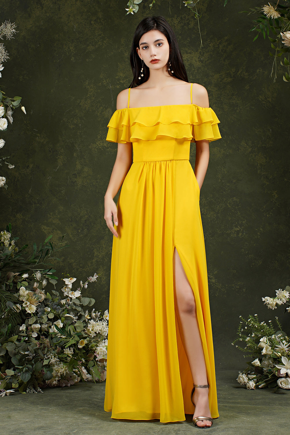 Off-the-Shoulder Bridesmaid Dress Ruffles With Slit