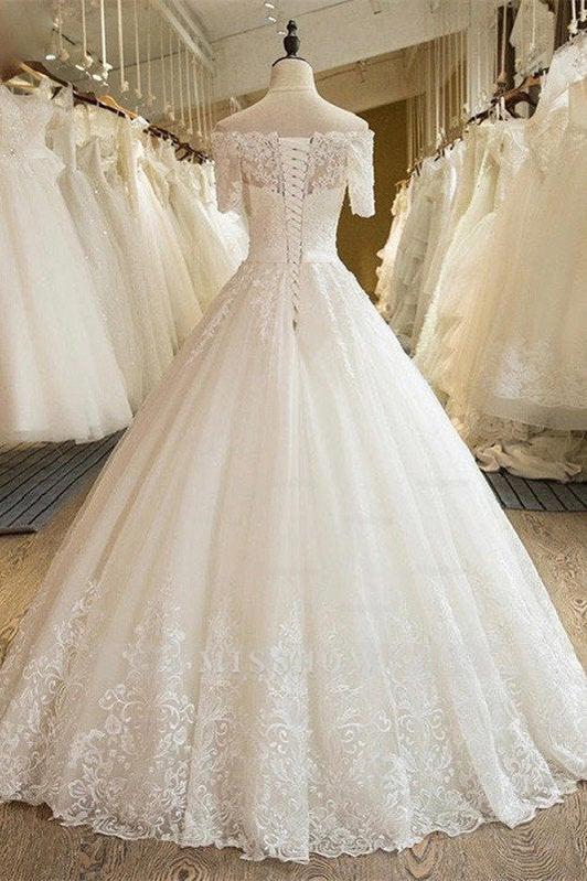 Off-the-Shoulder Lace Tulle 1/2 Sleeves Wedding Dress