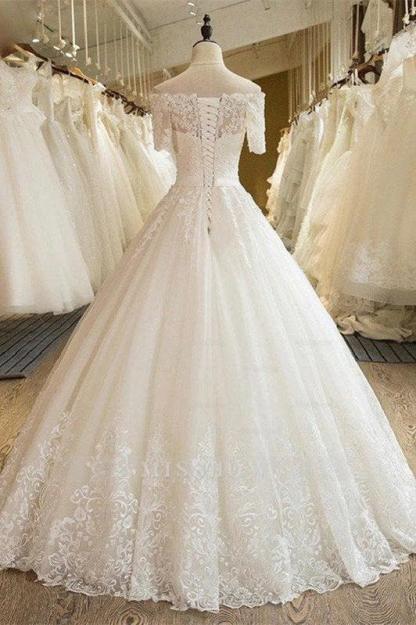 Off-the-Shoulder Lace Tulle 1/2 Sleeves Wedding Dress