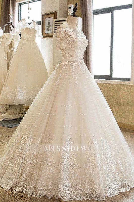 Off-the-Shoulder Lace Tulle 1/2 Sleeves Wedding Dress