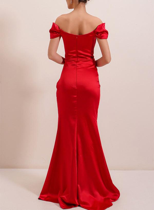 Off-The-Shoulder Silk Like Satin Bridesmaid Dresses With Split Front