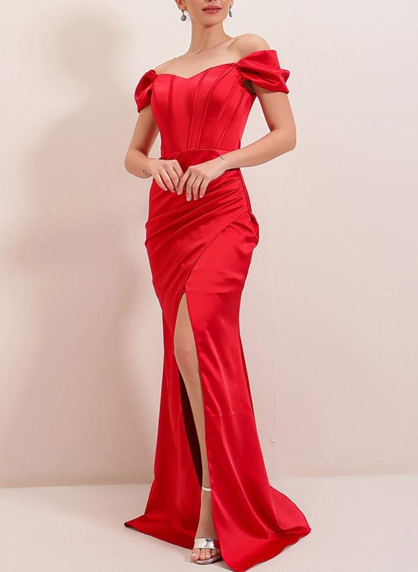 Off-The-Shoulder Silk Like Satin Bridesmaid Dresses With Split Front