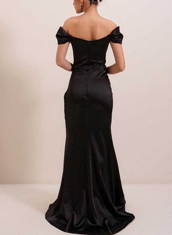 Off-The-Shoulder Silk Like Satin Bridesmaid Dresses With Split Front