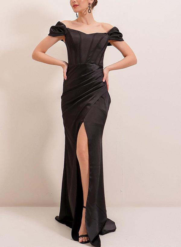 Off-The-Shoulder Silk Like Satin Bridesmaid Dresses With Split Front