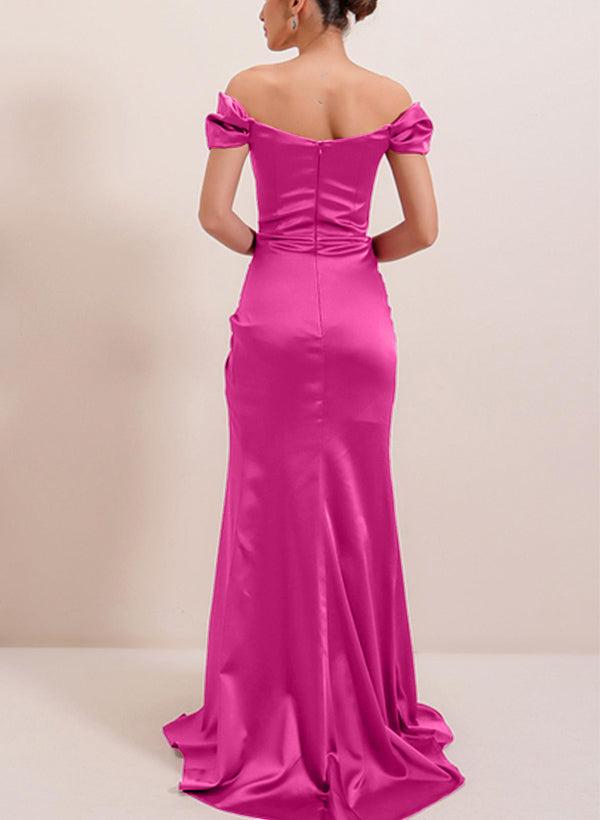 Off-The-Shoulder Silk Like Satin Bridesmaid Dresses With Split Front