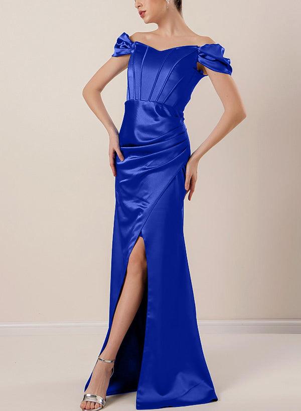 Off-The-Shoulder Silk Like Satin Bridesmaid Dresses With Split Front