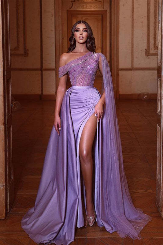 Off-the-shoulder Sparkly Beads Sexy Side Slit Prom Dresses